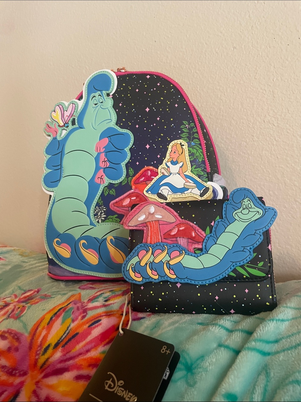 Disney Alice in Wonderland Caterpillar Backpack - Black with Blue & Pink Accents
